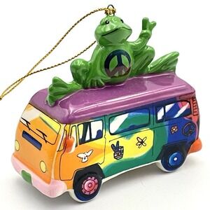 Peace Frogs VW Bus Inspired Ceramic‎ Christmas Tree Ornament Rainbow Hippie